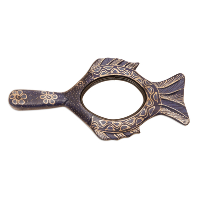 Wood hand mirror, 'Sea Reflection' - Handcrafted Batik Painted Fish-Themed Pule Wood Hand Mirror