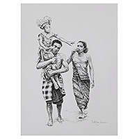 „Take Care of Sanghyang Dance“ – klassische impressionistische Tusche-auf-Papier-Zeichnung des balinesischen Tanzes