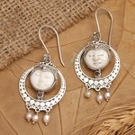 Cultured and garnet dangle earrings, 'Island's Passionate Blessing' - Classic Balinese Dangle Earrings with Pearls and Garnet Gems