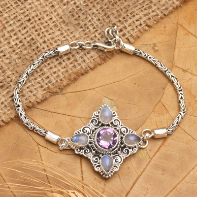 Rainbow moonstone and amethyst pendant bracelet, 'Sparkling Girl' - Traditional Rainbow Moonstone and Amethyst Pendant Bracelet
