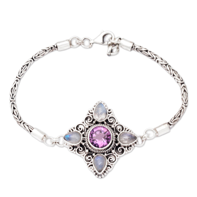 Rainbow moonstone and amethyst pendant bracelet, 'Sparkling Girl' - Traditional Rainbow Moonstone and Amethyst Pendant Bracelet