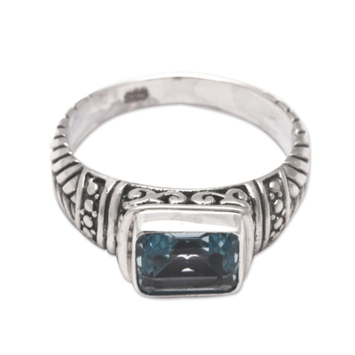 Blue topaz cocktail ring, 'Glow Blue' - Classic Balinese Faceted 1-Carat Blue Topaz Cocktail Ring