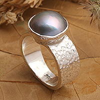 Cultured pearl single stone ring, 'Ocean's Truth'