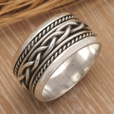 Sterling silver band ring, 'Twists of Today' - Traditional Polished and Oxidized Sterling Silver Band Ring