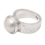 Cultured pearl single stone ring, 'Ocean's Nobility' - Hammered White Cultured Pearl Single Stone Ring from Bali
