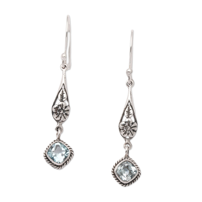 Blue topaz dangle earrings, 'Bloom for the Loyal' - Polished Floral One-Carat Blue Topaz Dangle Earrings