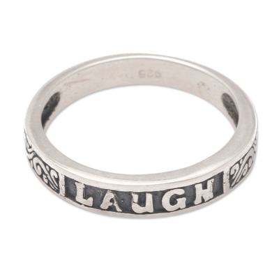 Sterling silver band ring, 'Laugh' - Inspirational Sterling Silver Band Ring with Darkened Accent