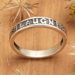 Sterling silver band ring, 'Laugh' - Inspirational Sterling Silver Band Ring with Darkened Accent