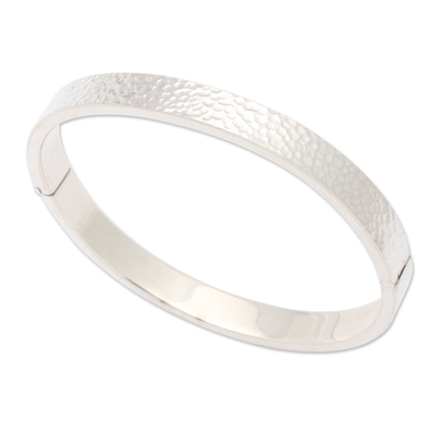 Sterling silver wristband bracelet, 'Textured Oval' - Textured 925 Silver Oval Bangle-Style Wristband Bracelet