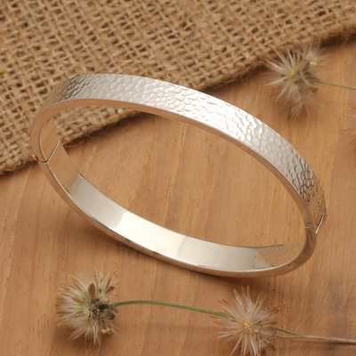 Sterling silver wristband bracelet, 'Textured Oval' - Textured 925 Silver Oval Bangle-Style Wristband Bracelet