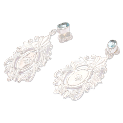 Blue topaz dangle earrings, 'Antique Inspiration' - Antique Style 925 Silver Blue Topaz Floral Dangle Earrings