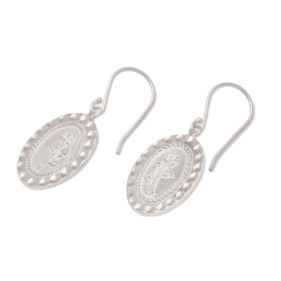 Sterling silver dangle earrings, 'Delightful Rose' - Textured Sterling Silver Dangle Earrings with Rose Motif
