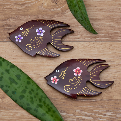 Wood magnets, 'Paradisial Fish' (set of 2) - Set of 2 Hand-Painted Floral Fish-Shaped Wood Magnets