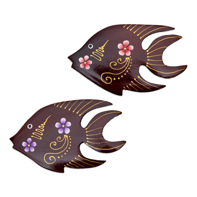 Wood magnets, 'Paradisial Fish' (set of 2) - Set of 2 Hand-Painted Floral Fish-Shaped Wood Magnets