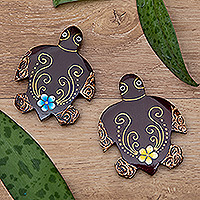 Imanes de madera, 'Tortugas Paradisiales' (conjunto de 2) - Conjunto de 2 imanes de madera en forma de tortuga floral pintados a mano