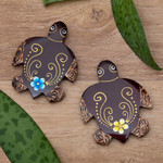 Wood magnets, 'Paradisial Turtles' (set of 2) - Set of 2 Hand-Painted Floral Turtle-Shaped Wood Magnets