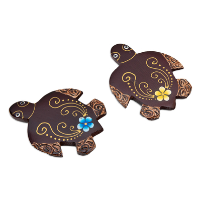 Wood magnets, 'Paradisial Turtles' (set of 2) - Set of 2 Hand-Painted Floral Turtle-Shaped Wood Magnets