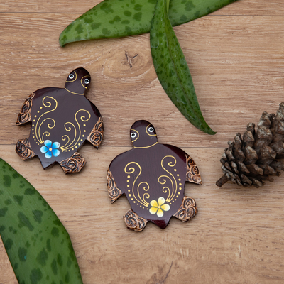 Wood magnets, 'Paradisial Turtles' (set of 2) - Set of 2 Hand-Painted Floral Turtle-Shaped Wood Magnets