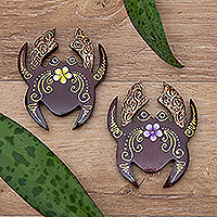 Wood magnets, 'Paradisial Crabs' (set of 2) - Set of 2 Hand-Painted Floral Crab-Shaped Wood Magnets
