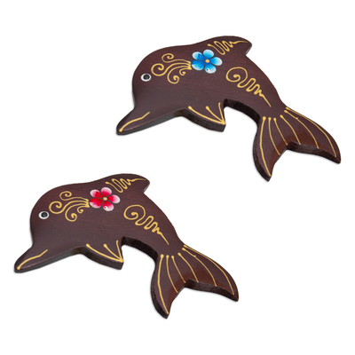 Wood magnets, 'Paradisial Dolphins' (set of 2) - Set of 2 Hand-Painted Floral Dolphin-Shaped Wood Magnets