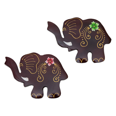 Wood magnets, 'Paradisial Elephants' (set of 2) - Set of 2 Hand-Painted Floral Elephant-Shaped Wood Magnets