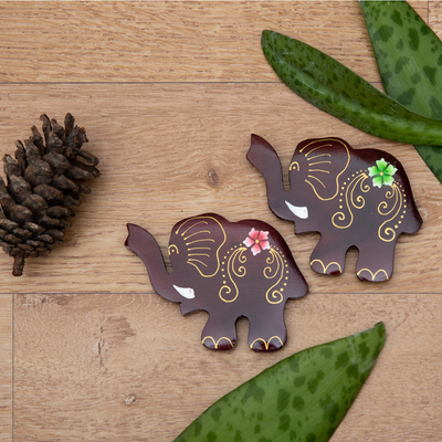 Wood magnets, 'Paradisial Elephants' (set of 2) - Set of 2 Hand-Painted Floral Elephant-Shaped Wood Magnets