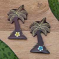 Holzmagnete, „Paradisial Coasts“ (2er-Set) – Set mit 2 handbemalten, floralen, palmenförmigen Holzmagneten