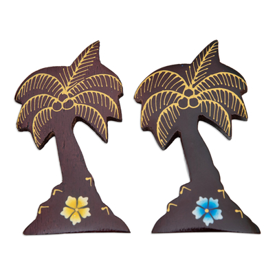 Wood magnets, 'Paradisial Coasts' (set of 2) - Set of 2 Hand-Painted Floral Palm Tree-Shaped Wood Magnets