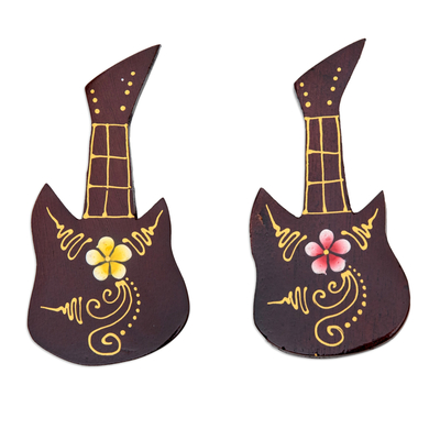 Wood magnets, 'Paradisial Melodies' (set of 2) - Set of 2 Hand-Painted Floral Guitar-Shaped Wood Magnets