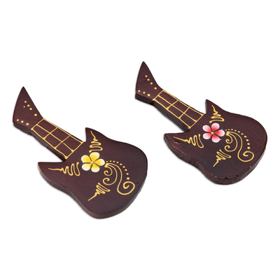 Wood magnets, 'Paradisial Melodies' (set of 2) - Set of 2 Hand-Painted Floral Guitar-Shaped Wood Magnets