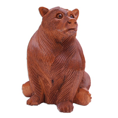 Escultura de madera - Escultura de madera de Suar tallada a mano con temática de oso de Bali