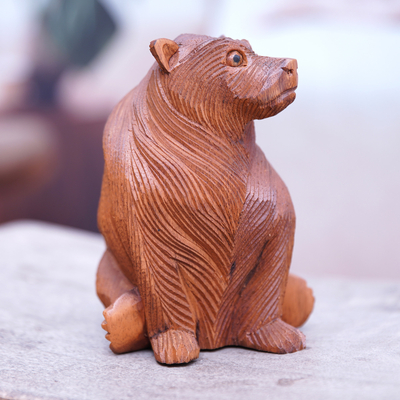 Wood sculpture, 'Giant Bear' - Hand-Carved Bear-Themed Suar Wood Sculpture from Bali