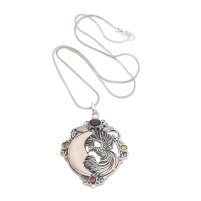Multi-gemstone pendant necklace, 'Peacock's Night' - One-Carat Multi-Gemstone Peacock and Moon Pendant Necklace