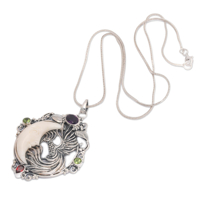 Multi-gemstone pendant necklace, 'Peacock's Night' - One-Carat Multi-Gemstone Peacock and Moon Pendant Necklace