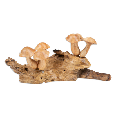 Wood sculpture, 'Mushroom Realm' - Handcrafted Jempinis and Benalu Wood Mushroom Sculpture
