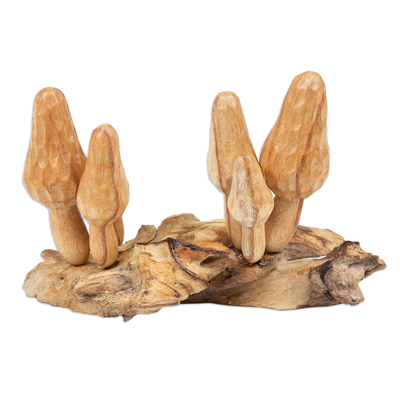 Wood sculpture, 'Morchella Realm' - Handcrafted Jempinis and Benalu Wood Morchella Sculpture