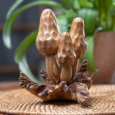 Wood sculpture, 'Morchella Family' - Jempinis and Benalu Wood Morchella Sculpture Crafted in Bali