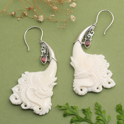Garnet drop earrings, 'Romance by Ganesh' - Ganesha-Themed Sterling Silver and Garnet Drop Earrings
