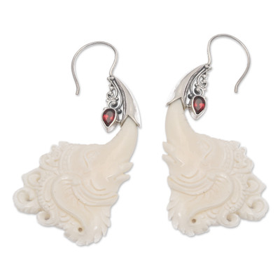 Garnet drop earrings, 'Romance by Ganesh' - Ganesha-Themed Sterling Silver and Garnet Drop Earrings