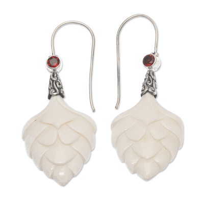 Garnet drop earrings, 'Bud of Passion' - Lotus Sterling Silver and Natural Round Garnet Drop Earrings