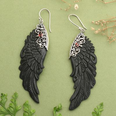 Garnet dangle earrings, 'Flight at Night' - Wing-Shaped Natural Garnet Silver Carved Dangle Earrings