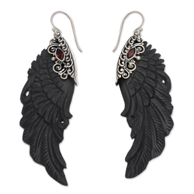 Garnet dangle earrings, 'Flight at Night' - Wing-Shaped Natural Garnet Silver Carved Dangle Earrings