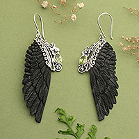 Peridot dangle earrings, 'Fortune Feathers at Night' - Black Wing-Shaped Natural Oval Peridot Dangle Earrings