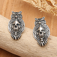 Sterling silver button earrings, 'Eternal Owl' - Owl and Skull-Themed Sterling Silver Button Earrings