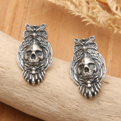 Sterling silver button earrings, 'Eternal Owl' - Owl and Skull-Themed Sterling Silver Button Earrings