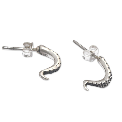 Sterling silver button earrings, 'Octopus Greetings' - Octopus-Themed Sterling Silver Button Earrings from Bali