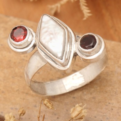 Cultured Biwa pearl and garnet multi-stone cocktail ring, 'Chic Trio' - Sterling Silver Cultured Biwa Pearl and Garnet Cocktail Ring