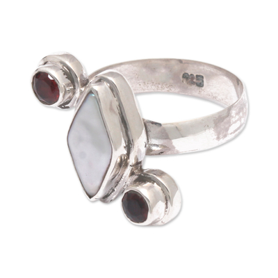 Cultured Biwa pearl and garnet multi-stone cocktail ring, 'Chic Trio' - Sterling Silver Cultured Biwa Pearl and Garnet Cocktail Ring