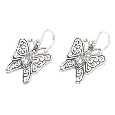 Blue topaz dangle earrings, 'Magical Butterfly' - Sterling Silver Blue Topaz Butterfly Dangle Earrings