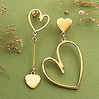 Pendientes colgantes chapados en oro, 'Golden Heartbeat' - Pendientes colgantes con temática de corazón chapados en oro pulido de 18k
